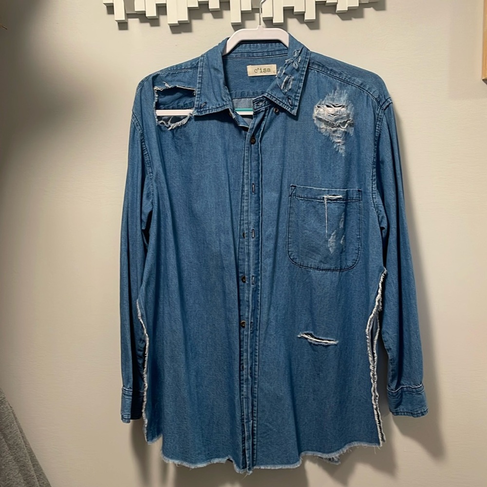 Distressed lightweight denim shirt size large.
